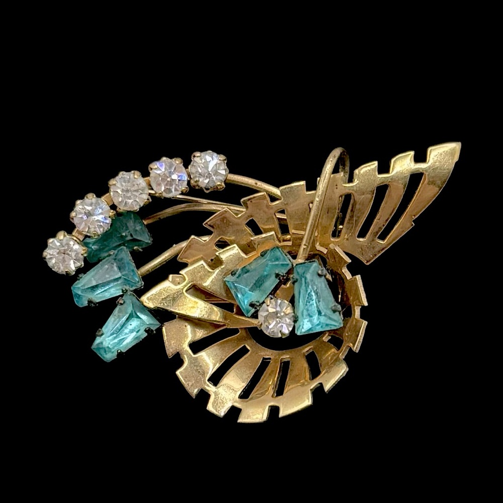VINTAGE Gold-Tone Aqua Crystal Art Nouveau Brooch